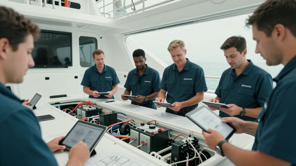 Tekne içinde elektrikli bileşen kurulumu yapan mühendis